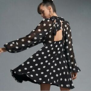 Maeve Anthropologie Polka Dot Tie Mock Neck Mini Shift Dress Size L